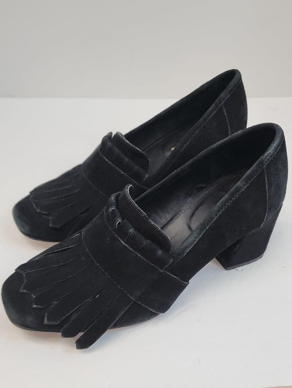 Black Suede Fringe Block Heel Loafers - Women